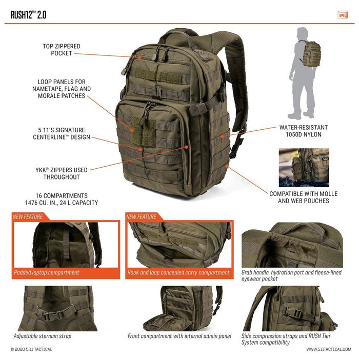 Sac à dos Sac à dos RUSH 12 2.0 24L 5.11 Tactical - Vert olive - Welkit.com