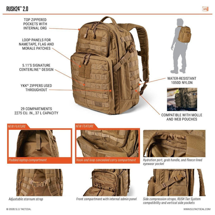 Sac à dos RUSH 24 2.0 Multicam | 37 L 5.11 Tactical - MTC - Welkit.com